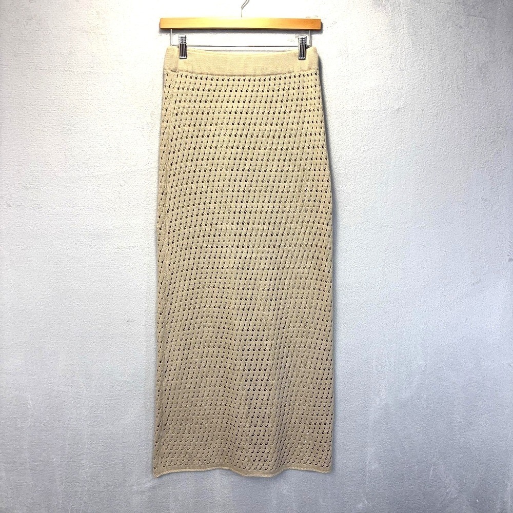 Open Knit Crochet Maxi Skirt Womens Medium Beige Pull On Beachy Boho Festival